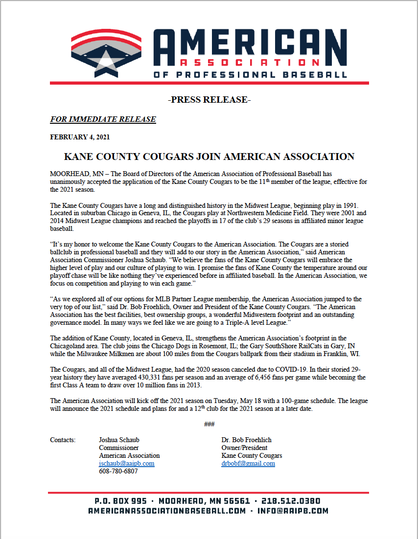 Kane County Cougars To Join Major League Baseball Partner League